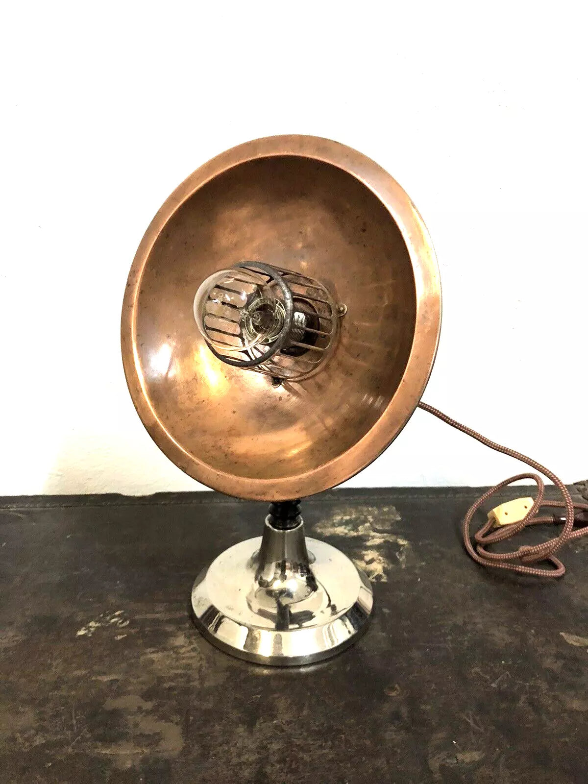 Antica Lampada Da Tavolo Stufa Radiante Vintage Epoca Metallo Rame Con Cavo