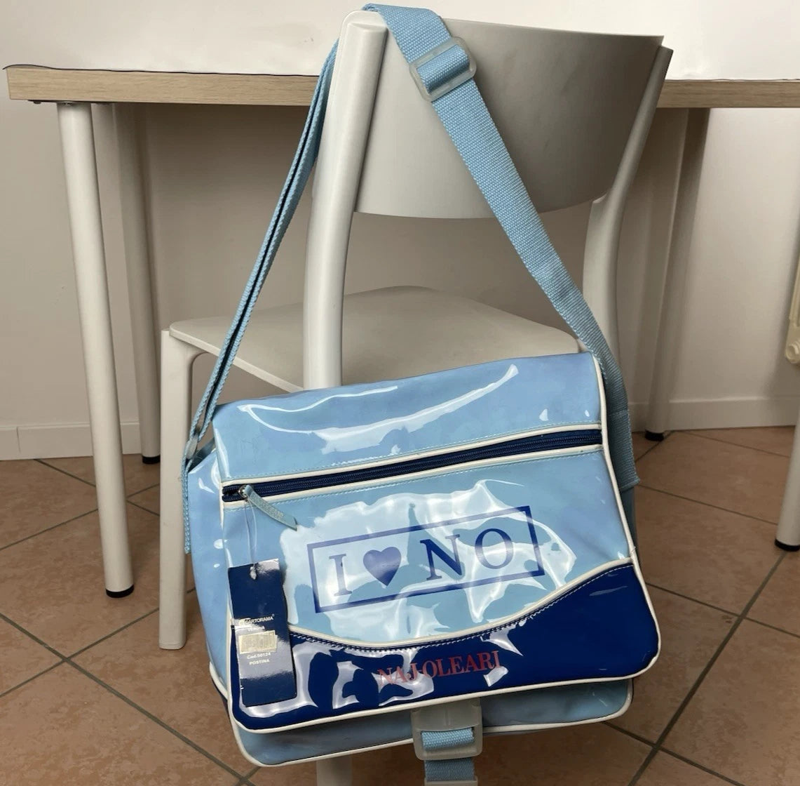 Borsa Naj Oleari I Love No Azzurra PVC Postina Tracolla Vintage Cartella Scuola