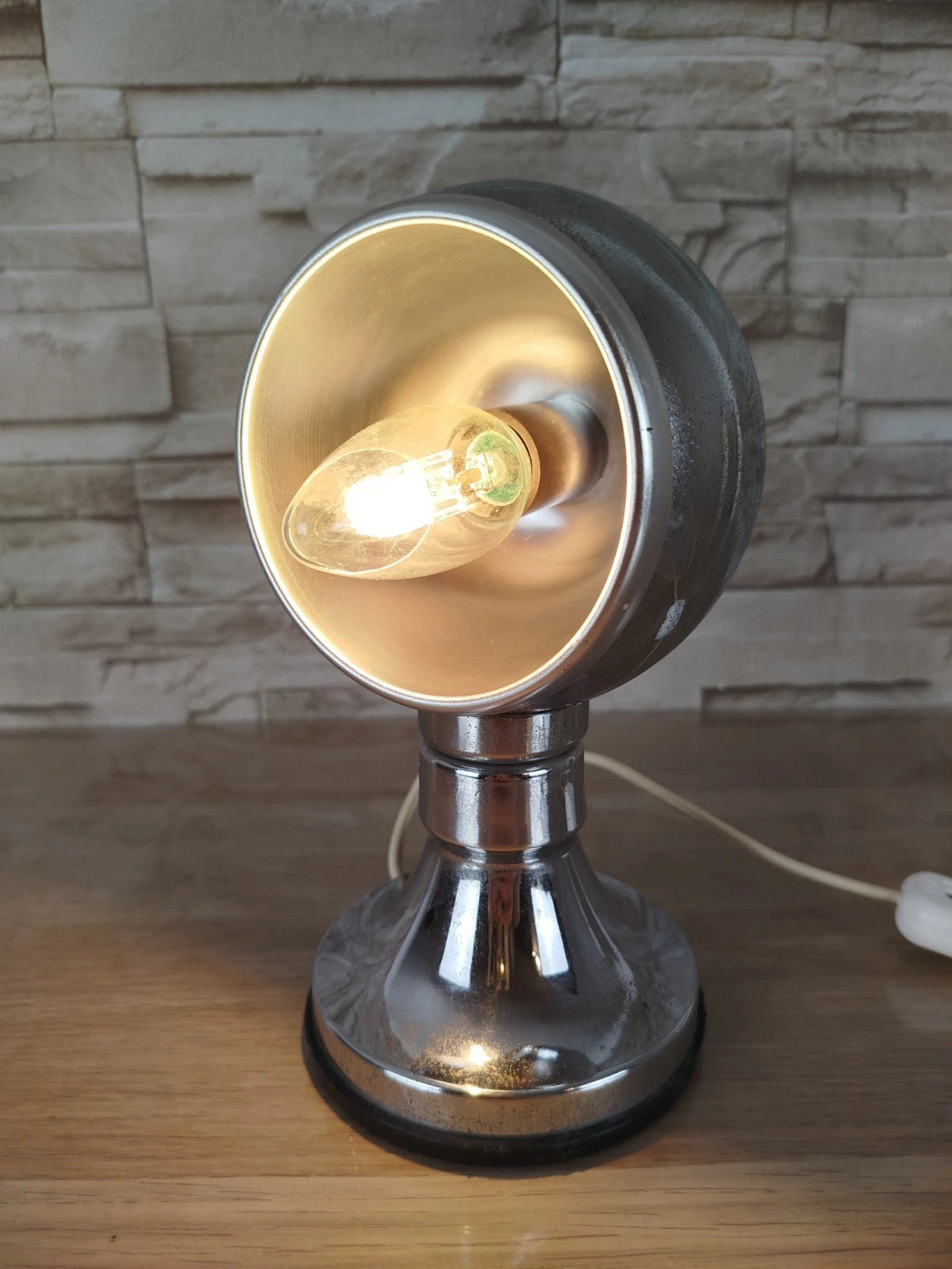 Lampada Da Tavolo Space Age Abat-jour Anni 70 Argento Eyeball Design Con Cavo