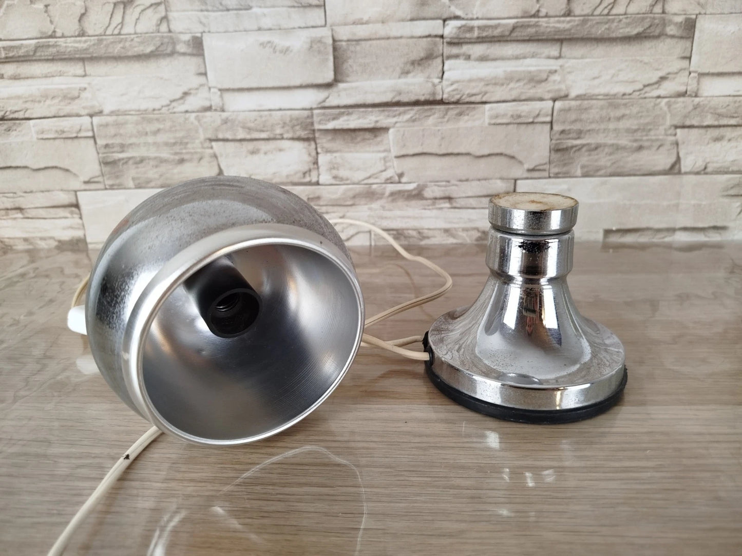 Lampada Da Tavolo Space Age Abat-jour Anni 70 Argento Eyeball Design Con Cavo
