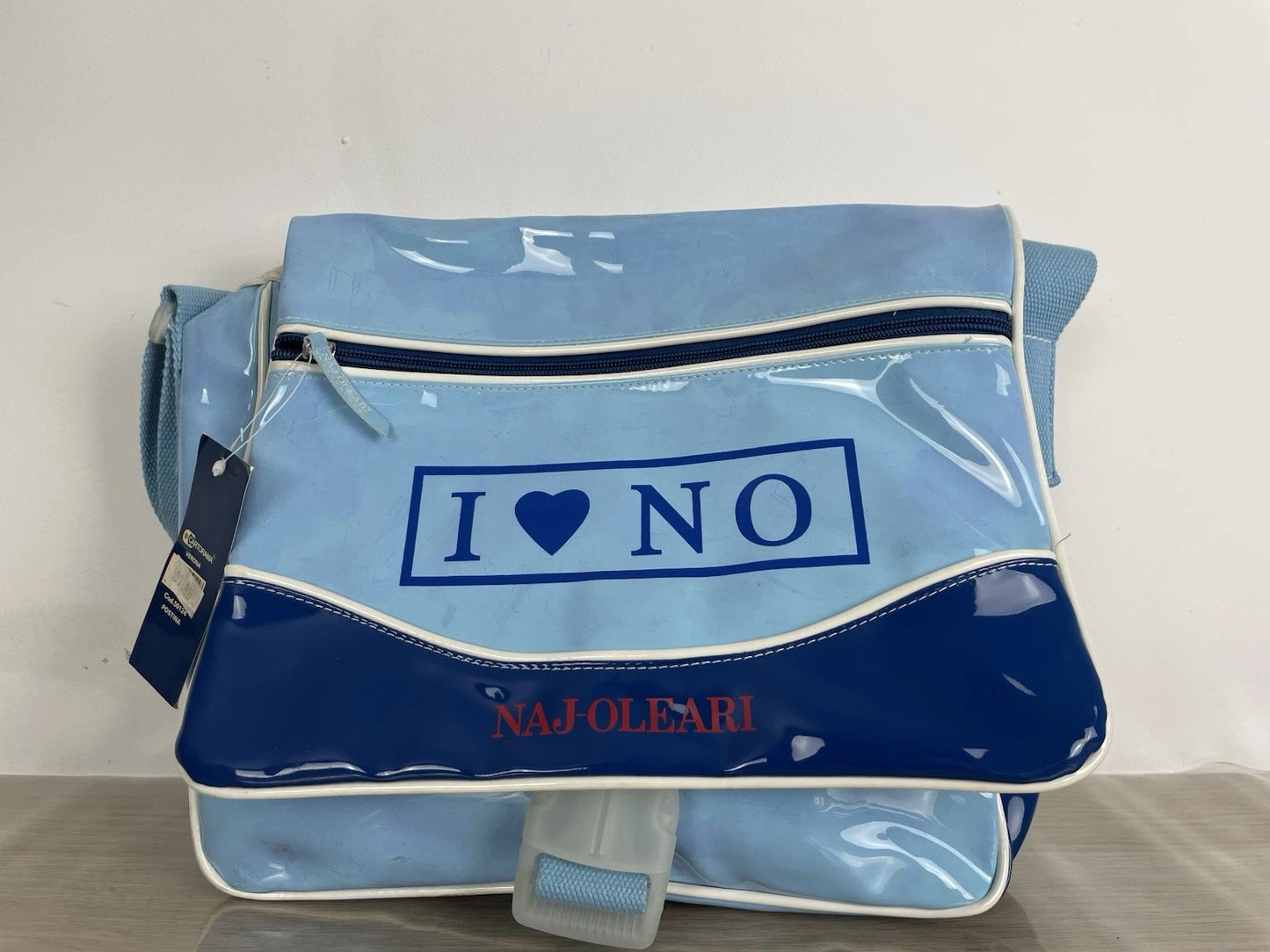 Borsa Naj Oleari I Love No Azzurra PVC Postina Tracolla Vintage Cartella Scuola