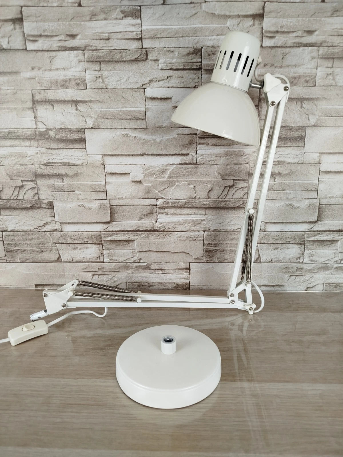 Lampada Da Tavolo Snodabile Industriale Bianca Da Officina Vintage Con Cavo