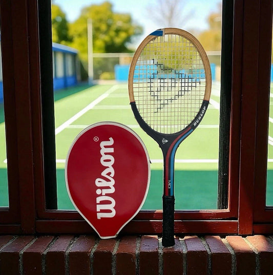 Racchetta Da Tennis Dunlop 41/8" Made In England Custodia Wilson Ecopelle Rossa