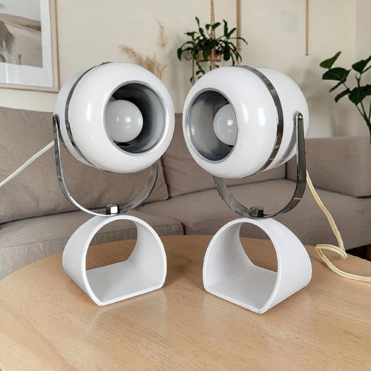 Coppia Di Lampade Da Tavolo Space Age Abat-jour Anni 70 Bianche Comodino Design