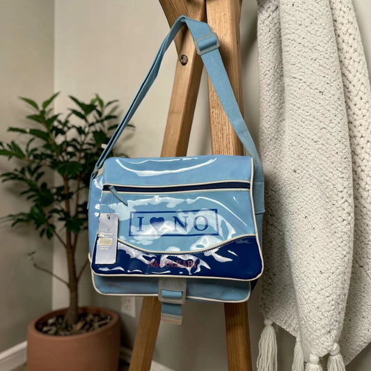 Borsa Naj Oleari I Love No Azzurra PVC Postina Tracolla Vintage Cartella Scuola