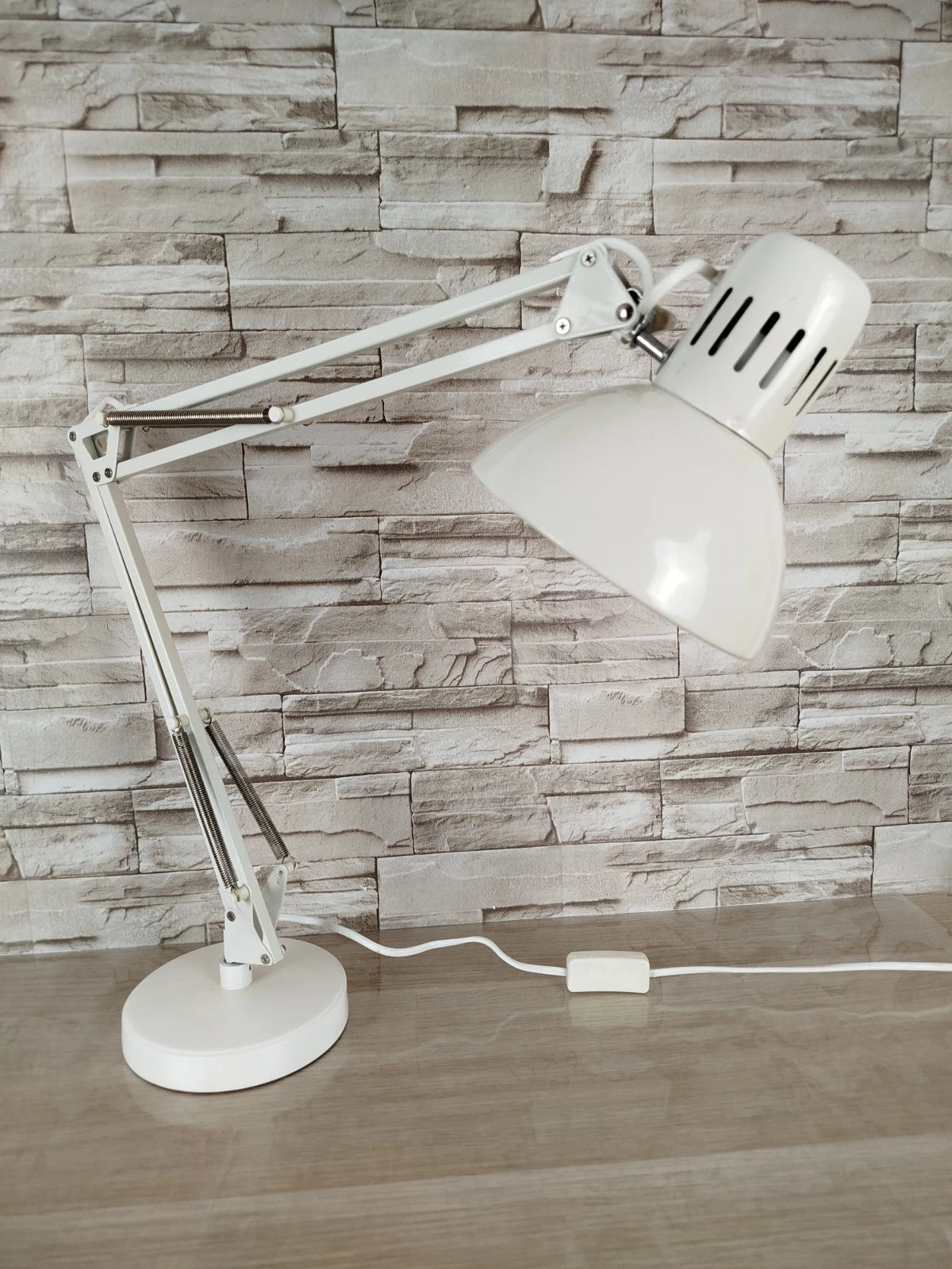 Lampada Da Tavolo Snodabile Industriale Bianca Da Officina Vintage Con Cavo