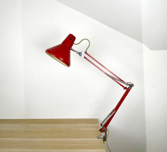Lampada Snodabile Seminara Industriale Ministeriale Vintage Con Morsetto Rosso