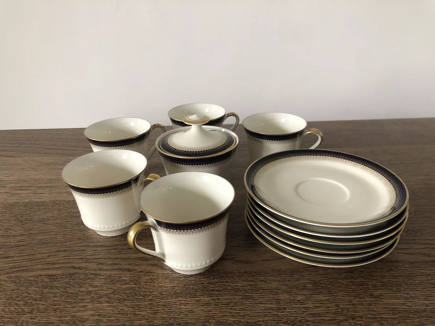 Servizio Da The Mitterteich Bavaria Vintage Oro e Blu Tazze Piattini Zuccheriera