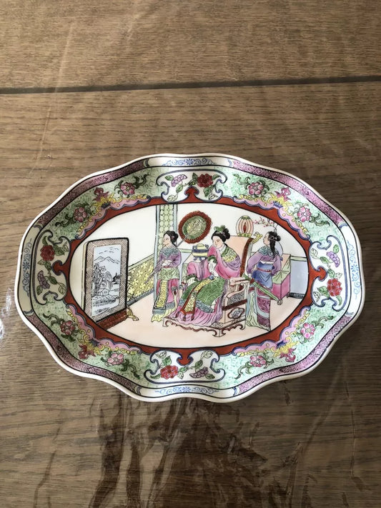 Piatto Cinese Dipinto A Mano Vintage Epoca Anni 70 Decorato Guangdong Floreale Ovale