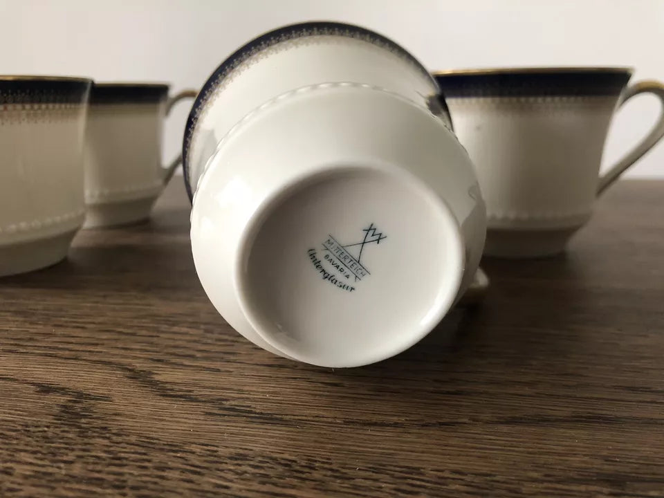 Servizio Da The Mitterteich Bavaria Vintage Oro e Blu Tazze Piattini Zuccheriera