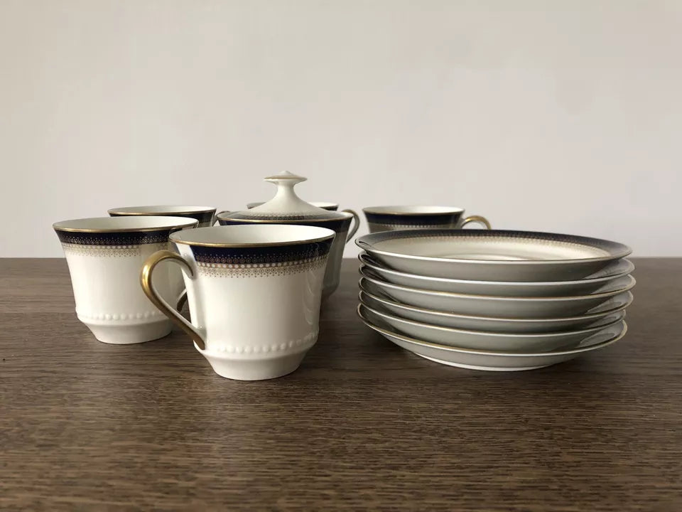 Servizio Da The Mitterteich Bavaria Vintage Oro e Blu Tazze Piattini Zuccheriera