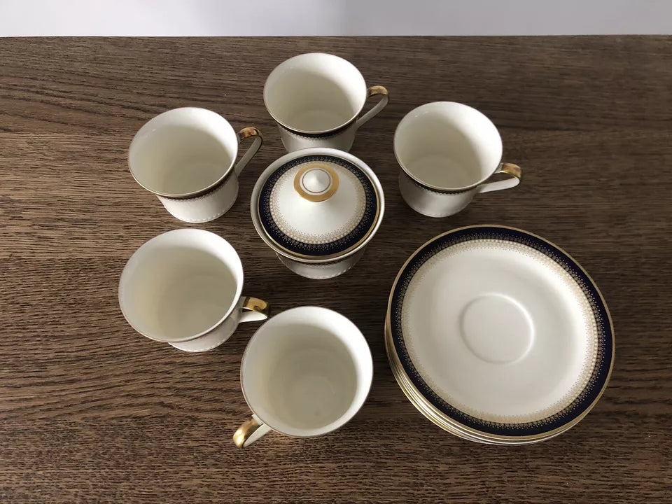 Servizio Da The Mitterteich Bavaria Vintage Oro e Blu Tazze Piattini Zuccheriera