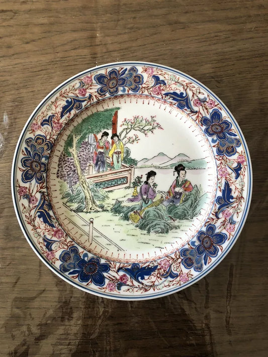 Piatto Cinese Dipinto A Mano Vintage Epoca Anni 70 Decorato Guangdong Porcellana