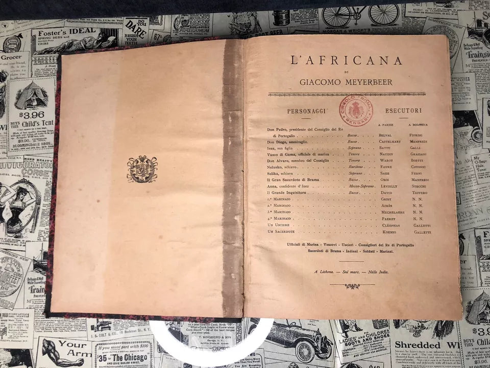 Antico Spartito L’Africana Opera In 5 Atti G. Meyerbeer Circolo Roma Bengasi
