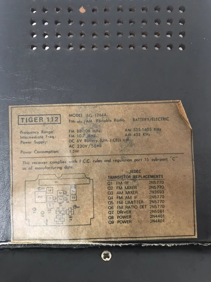 Radio Portatile Vintage Tiger 112 SG-1264A Am Fm Epoca Anni 70 Con Custodia Nera