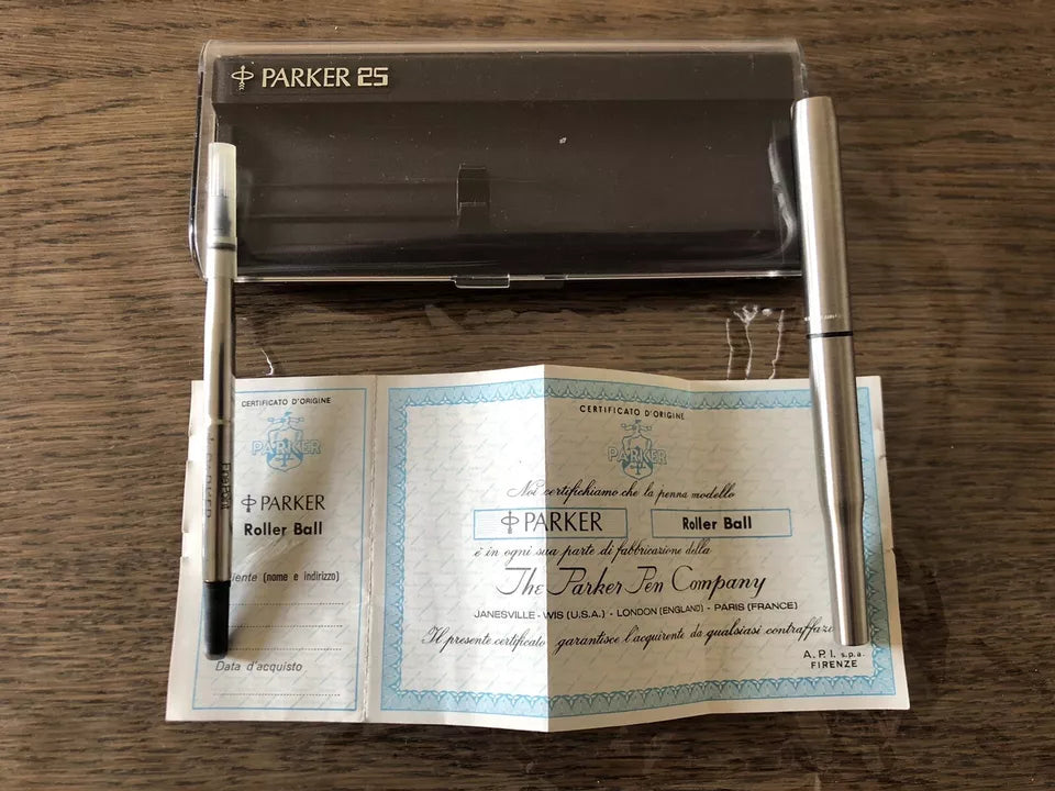 Penna Parker 25 Roller Ball Vintage Custodia Refil E Certificato Di Origine