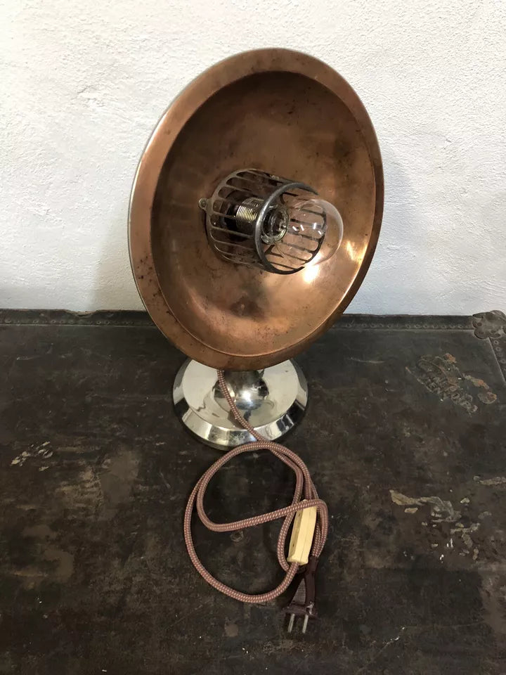 Antica Lampada Da Tavolo Stufa Radiante Vintage Epoca Metallo Rame Con Cavo